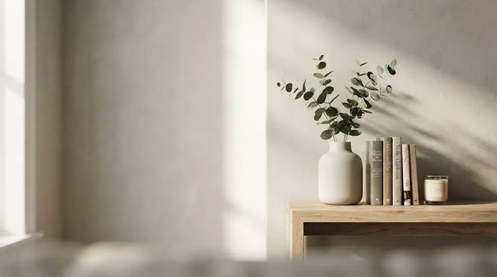 Eucalyptus in een witte vaas, boeken en een kaars tegen een lichte muur